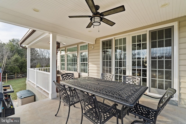 view of patio with ceiling fan and french doors