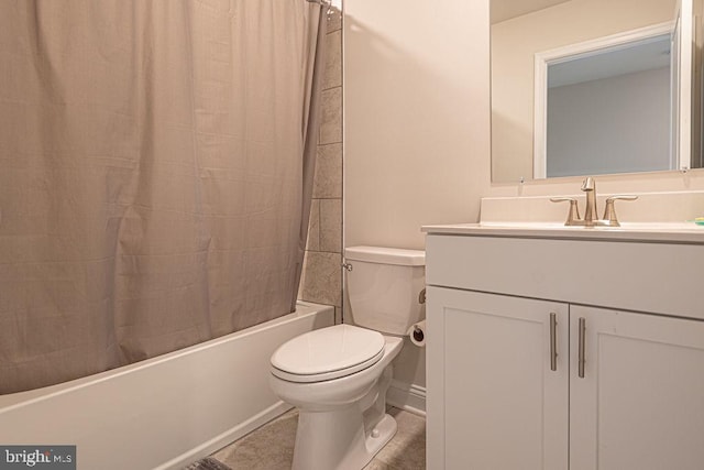 full bathroom with vanity, shower / bath combination with curtain, and toilet