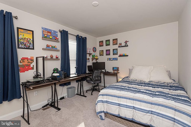 bedroom with light carpet