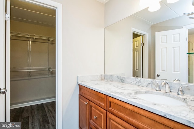 bathroom with vanity and wood finished floors