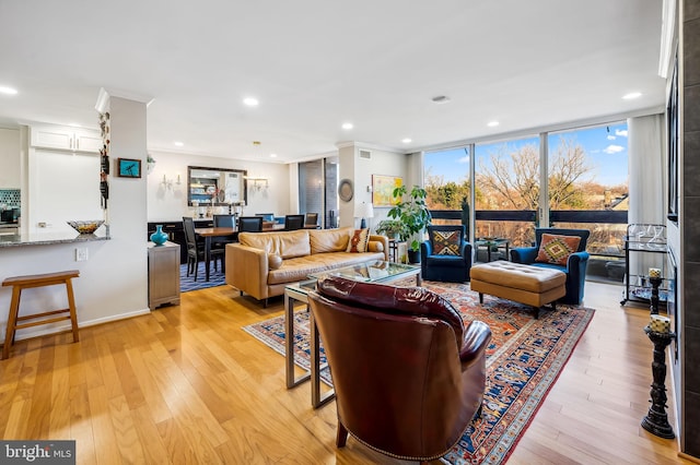 living room featuring expansive windows, ornamental molding, and light hardwood / wood-style flooring