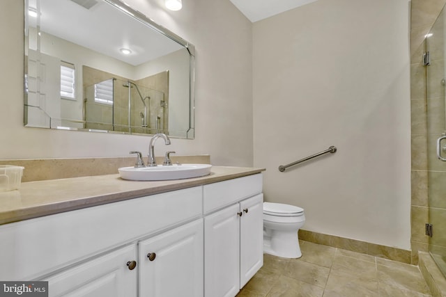 bathroom with vanity, an enclosed shower, tile patterned floors, and toilet