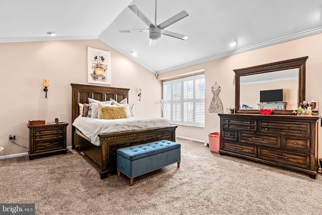 carpeted bedroom featuring lofted ceiling, ornamental molding, and ceiling fan