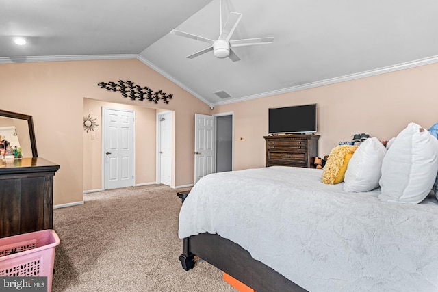 carpeted bedroom with lofted ceiling, crown molding, and ceiling fan