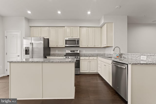 kitchen featuring dark hardwood / wood-style flooring, appliances with stainless steel finishes, sink, and light stone counters