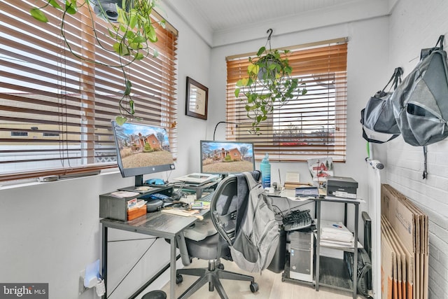 office area featuring ornamental molding and light hardwood / wood-style floors