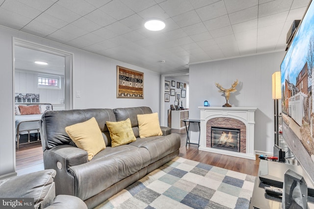 living room with hardwood / wood-style floors and ornamental molding