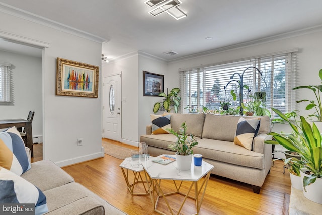 living room with a baseboard radiator, ornamental molding, and light hardwood / wood-style flooring