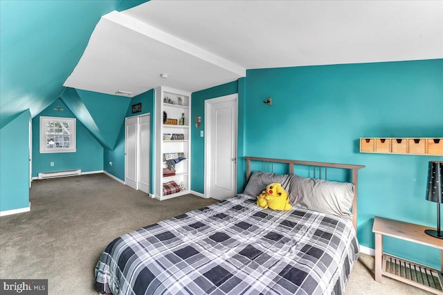 carpeted bedroom featuring lofted ceiling and a baseboard heating unit