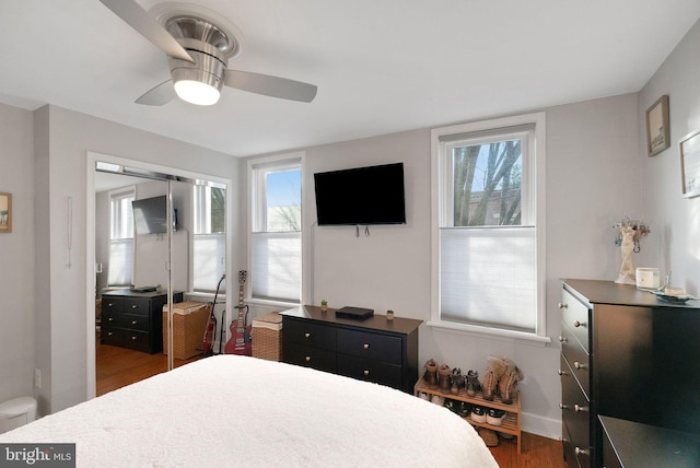 bedroom with ceiling fan, dark hardwood / wood-style flooring, and a closet