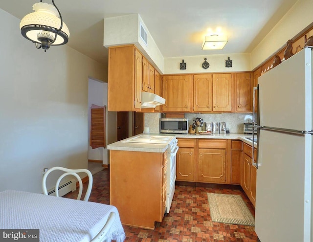 kitchen featuring white appliances, decorative backsplash, and baseboard heating