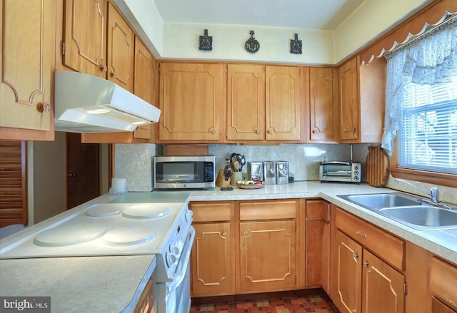 kitchen with sink, backsplash, and white range with electric cooktop