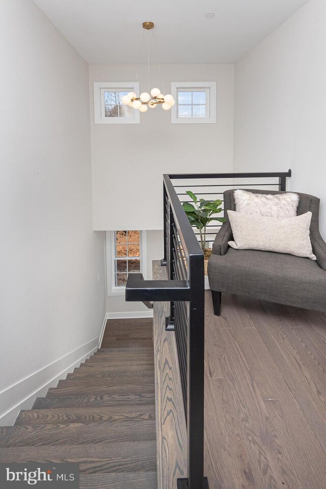 staircase featuring an inviting chandelier, baseboards, a wealth of natural light, and wood finished floors