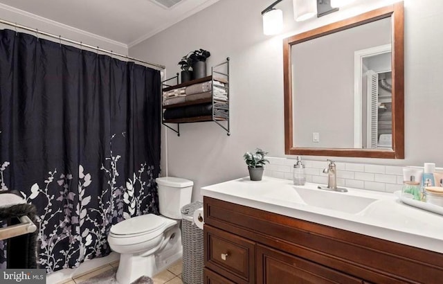 bathroom with crown molding, tile patterned flooring, vanity, decorative backsplash, and toilet