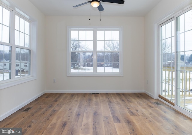 unfurnished room with a wealth of natural light, wood-type flooring, and ceiling fan