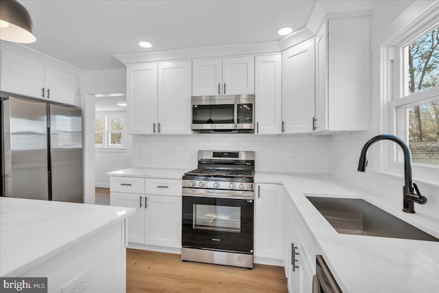 kitchen with white cabinetry, stainless steel appliances, light stone countertops, and sink