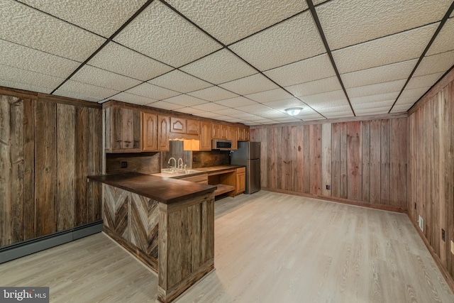 kitchen featuring light wood-type flooring, baseboard heating, wooden walls, kitchen peninsula, and stainless steel appliances