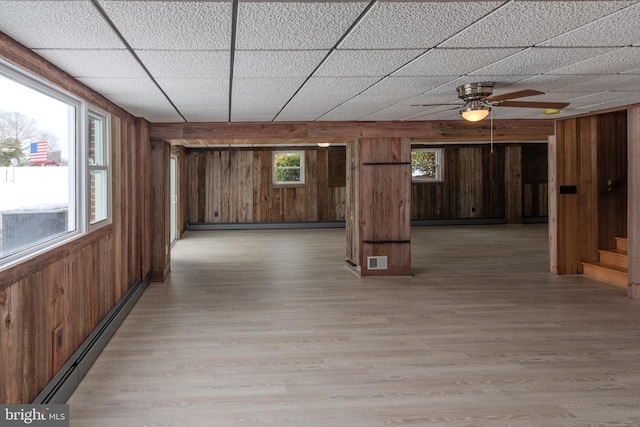 interior space with a paneled ceiling, light hardwood / wood-style floors, wood walls, and baseboard heating