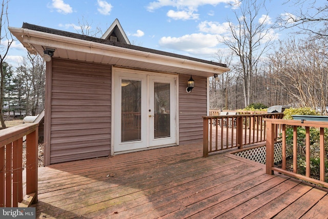 wooden terrace featuring french doors