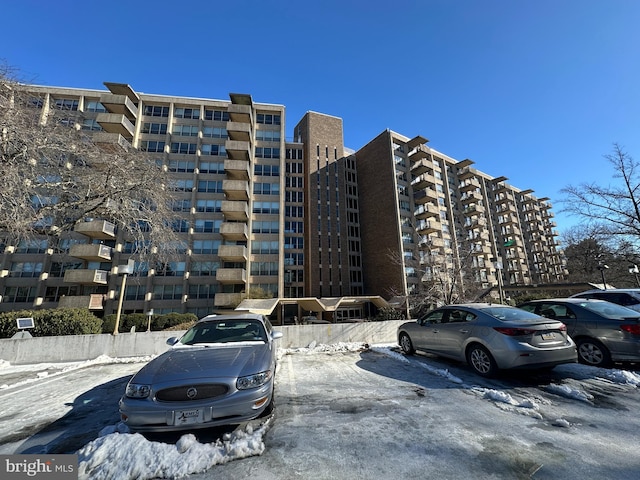 view of snow covered building