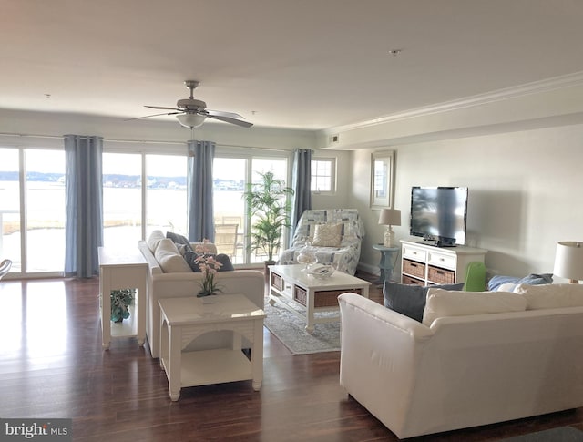 living room featuring dark wood-type flooring, a water view, ceiling fan, and a wealth of natural light