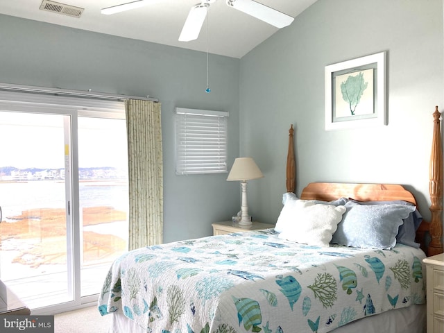 bedroom featuring carpet, access to outside, lofted ceiling, and ceiling fan