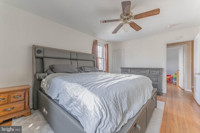 bedroom featuring light hardwood / wood-style flooring and ceiling fan