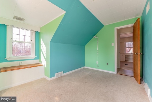 additional living space with light colored carpet and vaulted ceiling