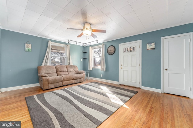 living room with wood-type flooring, ceiling fan, and track lighting