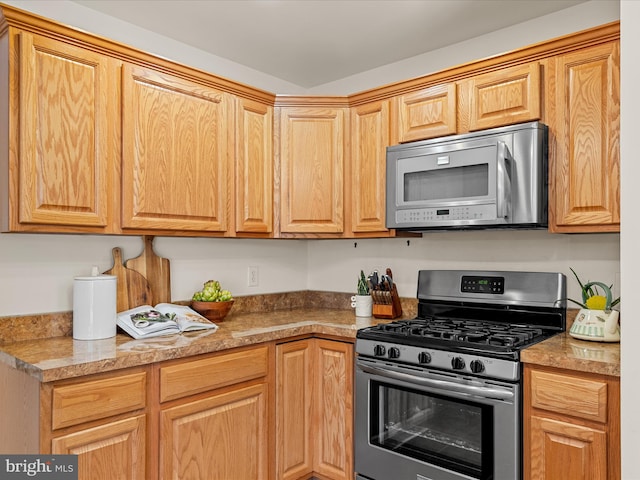 kitchen with stainless steel appliances and light stone counters