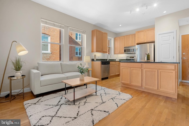 kitchen with stainless steel appliances, a center island, light hardwood / wood-style floors, and light brown cabinets