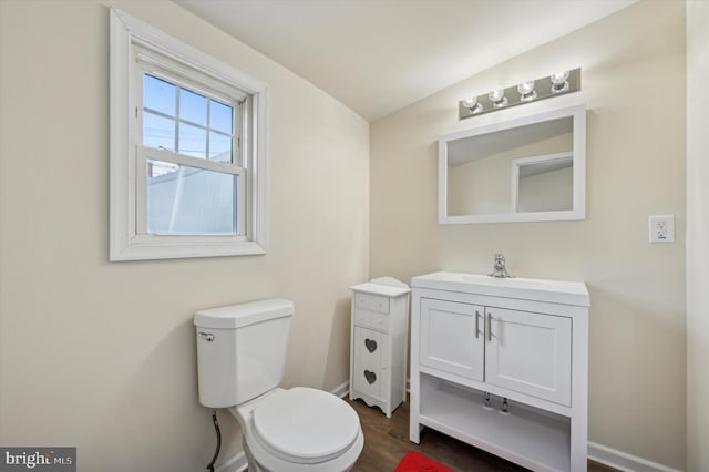 bathroom featuring vanity, hardwood / wood-style flooring, and toilet