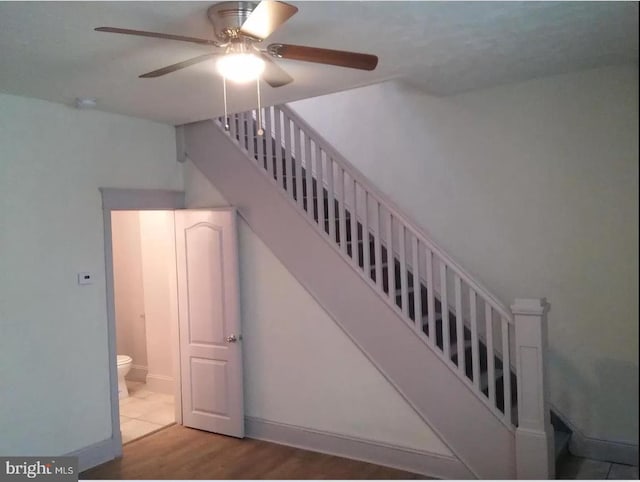 staircase with wood-type flooring and ceiling fan