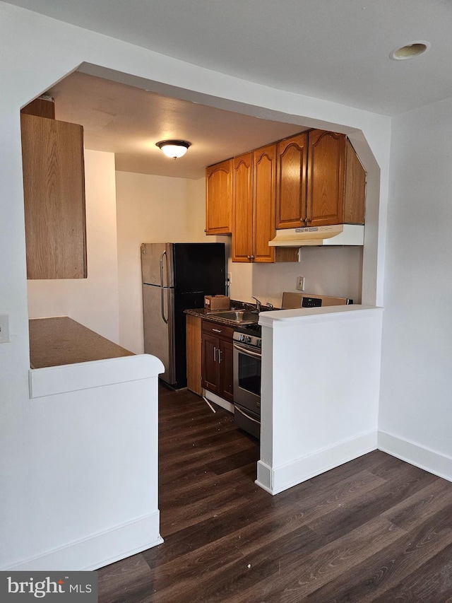 kitchen with dark wood-type flooring, appliances with stainless steel finishes, and sink