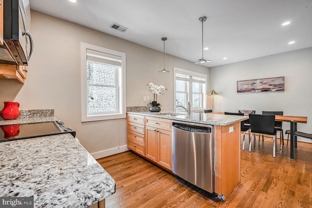 kitchen with appliances with stainless steel finishes, kitchen peninsula, light hardwood / wood-style floors, and hanging light fixtures