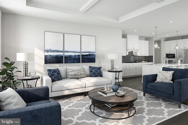 living room featuring sink, dark wood-type flooring, and beamed ceiling