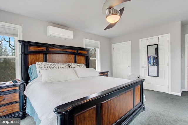 480 Natural Dam Rd, Gettysburg, PA 17325 - bedroom with an AC wall unit, dark colored carpet, a ceiling fan, and baseboards
