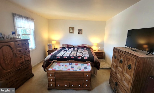 bedroom featuring light colored carpet