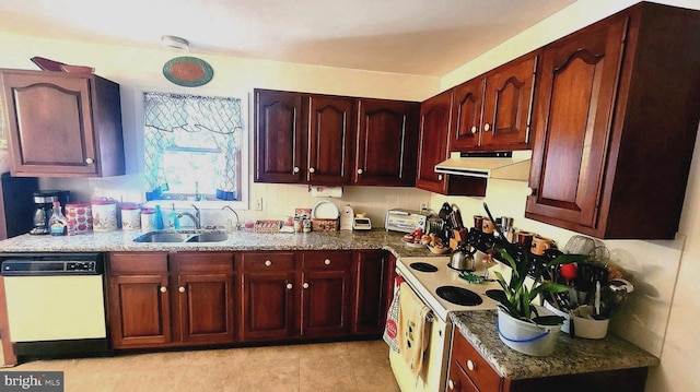 kitchen with sink, dark stone countertops, and white appliances