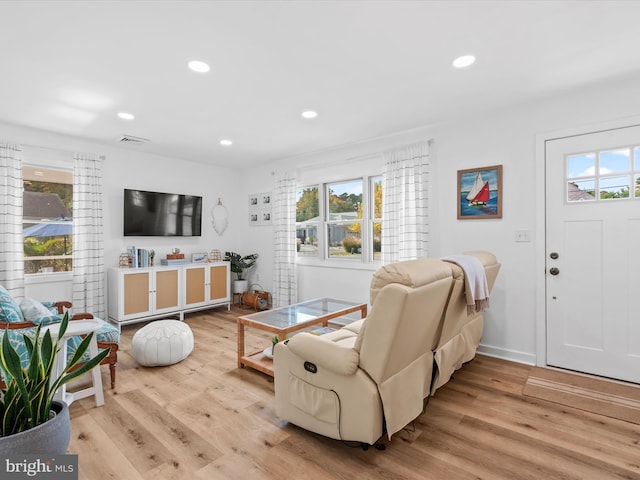 living room featuring plenty of natural light and light hardwood / wood-style floors