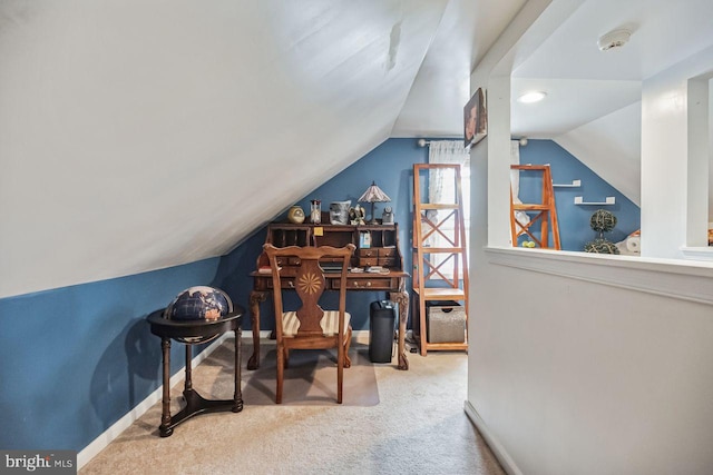 office featuring carpet and lofted ceiling