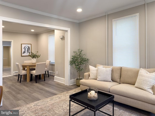 living room with hardwood / wood-style floors, crown molding, and baseboard heating