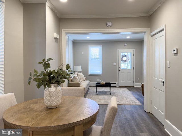 interior space with dark wood-type flooring and crown molding