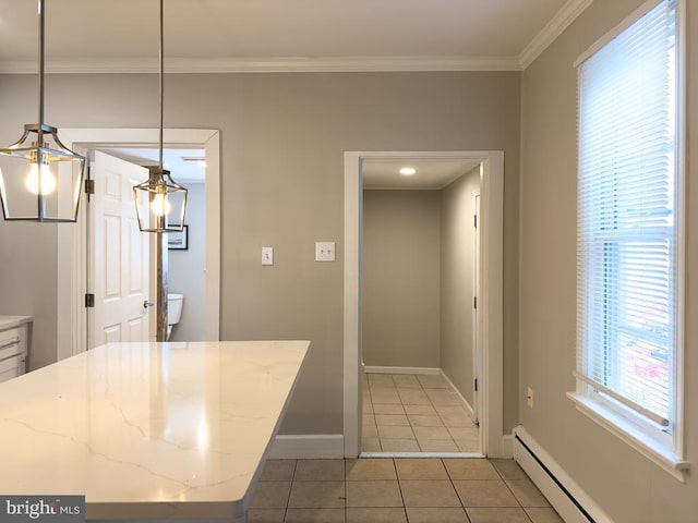 unfurnished dining area featuring tile patterned flooring, a baseboard radiator, and ornamental molding