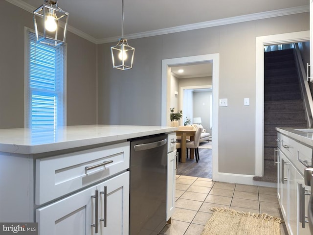 kitchen with decorative light fixtures, dishwasher, white cabinets, ornamental molding, and light stone counters