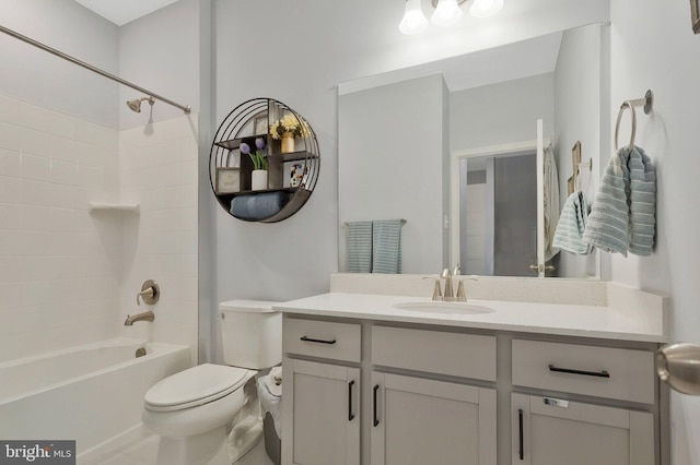 full bathroom with vanity,  shower combination, and toilet