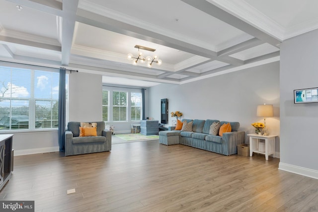 living room with an inviting chandelier, coffered ceiling, beam ceiling, and light wood-type flooring