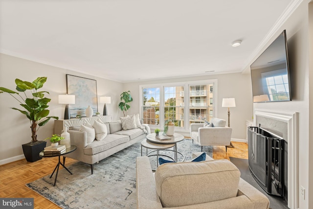 living room with parquet flooring and ornamental molding