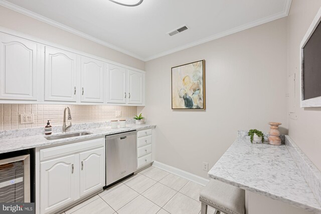 kitchen featuring white cabinetry, crown molding, dishwasher, beverage cooler, and decorative backsplash