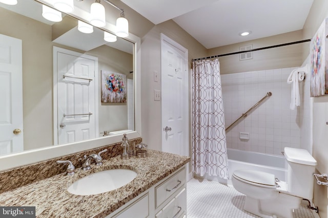 full bathroom with vanity, shower / bath combination with curtain, tile patterned floors, and toilet